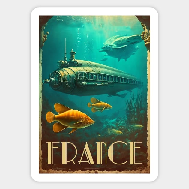 France Underwater Vintage Travel Art Poster Sticker by OldTravelArt